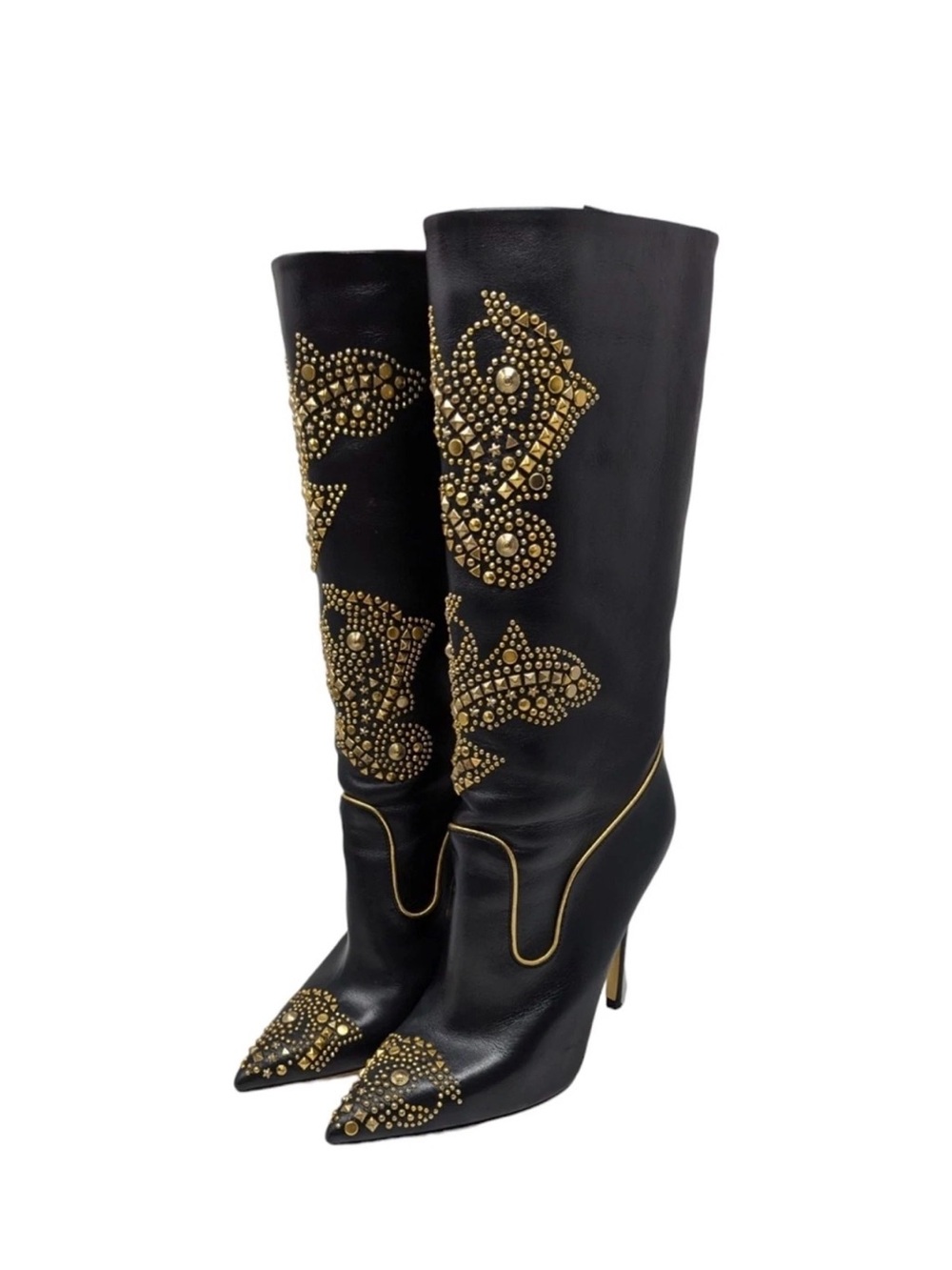 VERSACE BOOTS Black Tall Leather Boots with Gold Stud Embellishments